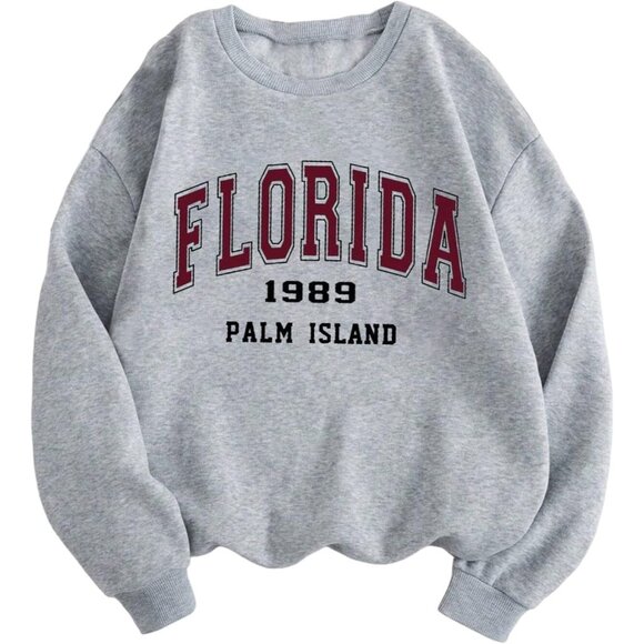 ⚡Women Grey Florida Imported Graphic Crewneck Long Sleeve Pullover Sweatshirt - Picture 1 of 5